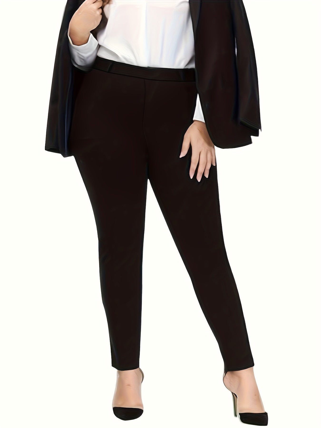 Women's Plus Solid Elastic Stretch Trousers With Pockets