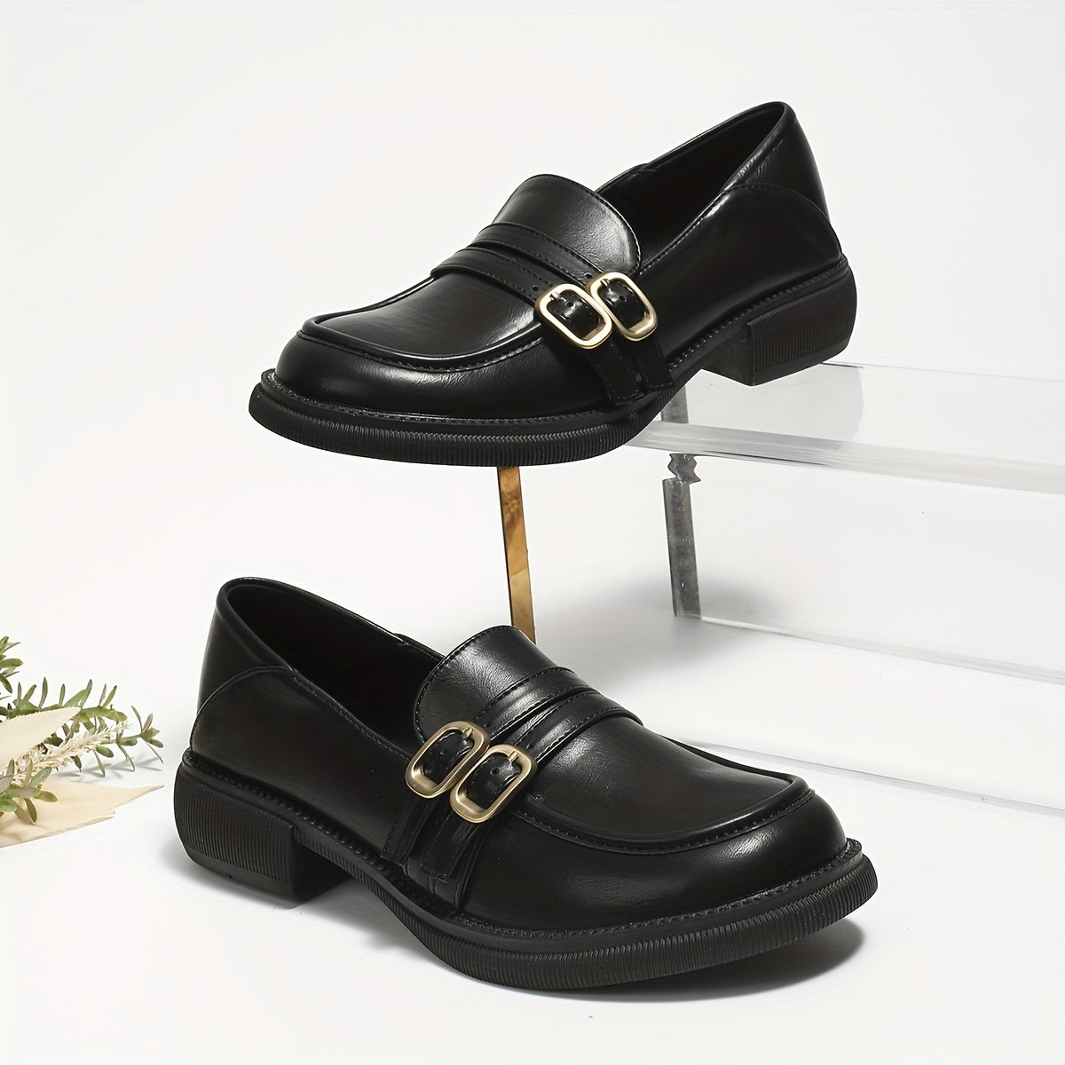Chunky Loafers with Two Buckle Straps, Round Toe