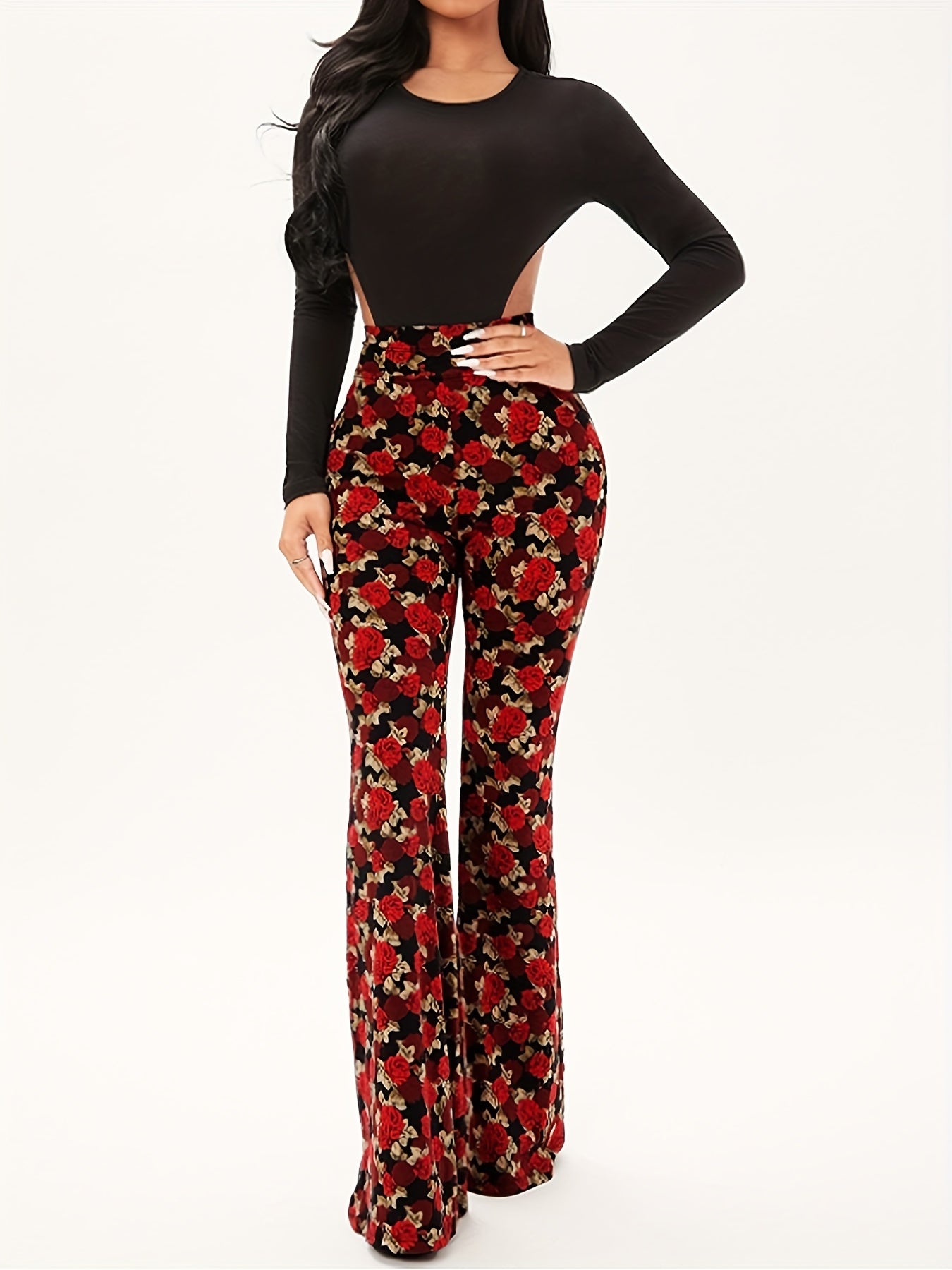 Floral Print High Rise Flared Leg Trousers