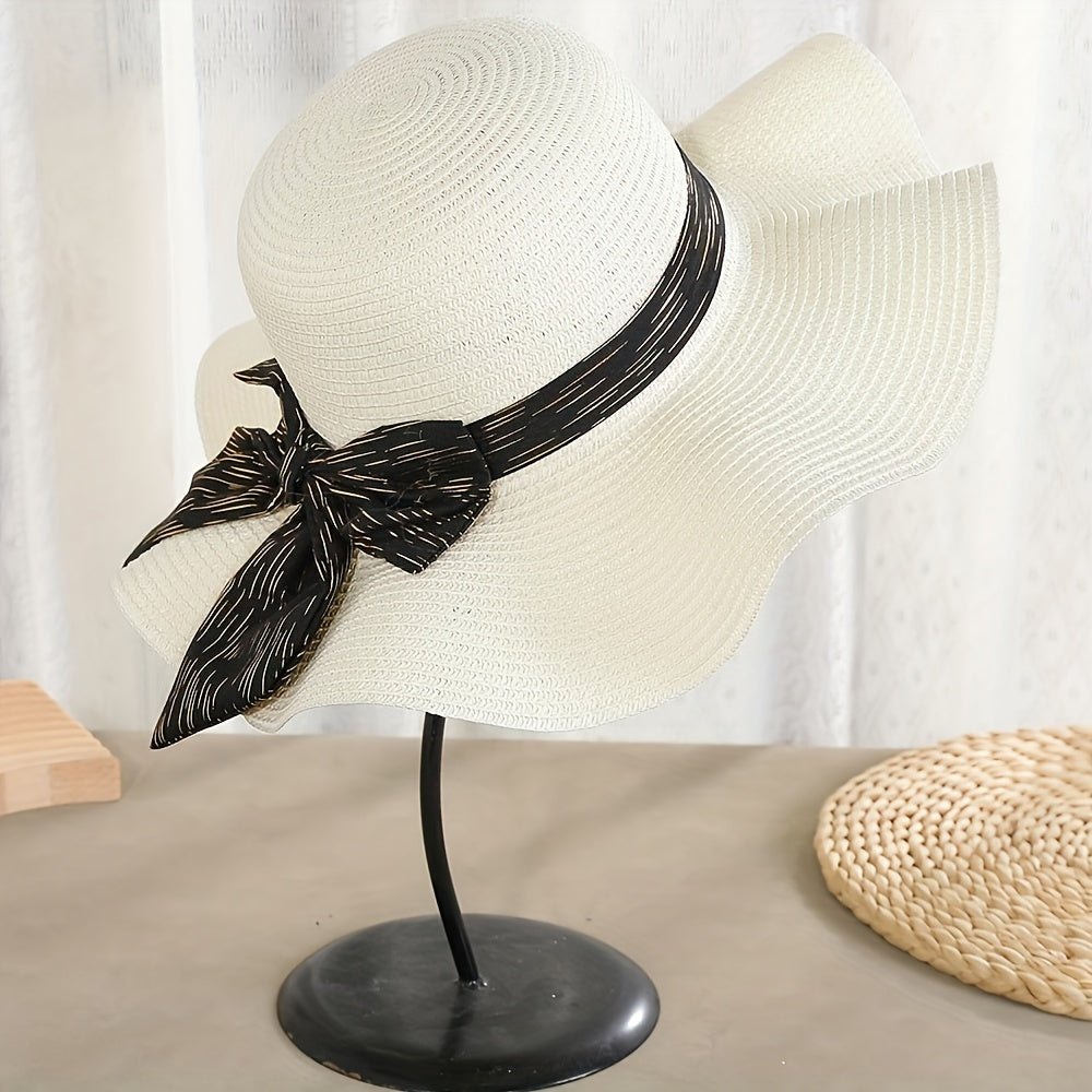 Boho Bow Ribbon Sunhat Wavy Edge Straw Hat Outdoor Sun Protection