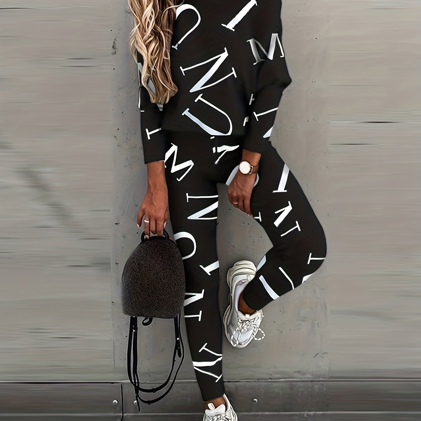 Casual Letter Print Two piece Set Crew Neck Long Sleeve Tops & Slim Pants