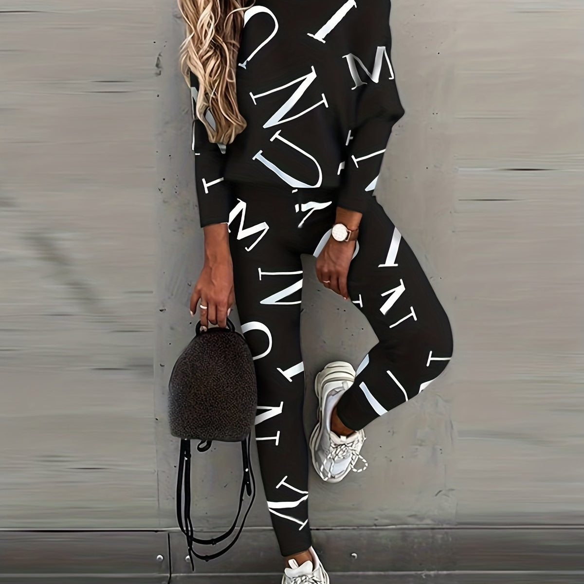Casual Letter Print Two piece Set Crew Neck Long Sleeve Tops & Slim Pants