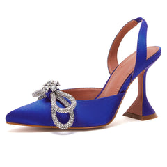 Women's Rhinestone Bow High Heels Pointed Toe Slip On Slingback Wedding Pumps