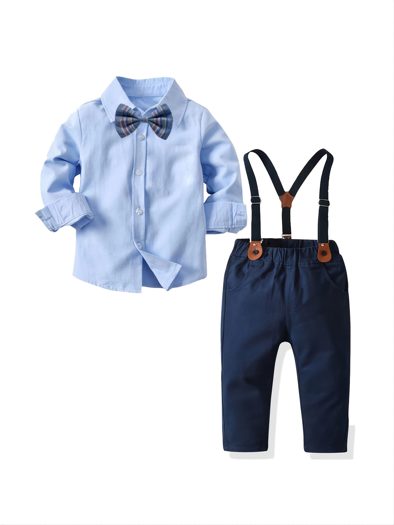 Boys Gentleman Outfit Long Sleeve Button Bowtie Shirt Top & Suspender Pants Set