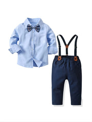 Boys Gentleman Outfit Long Sleeve Button Bowtie Shirt Top & Suspender Pants Set