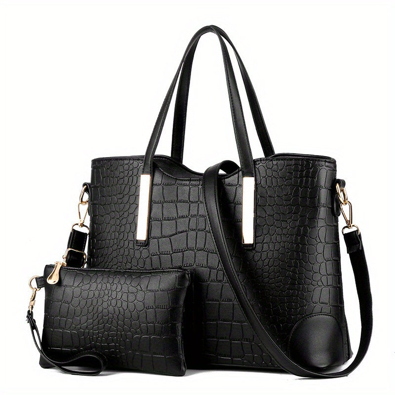 Crocodile Embossed PU Leather Handbag with Wrist Purse