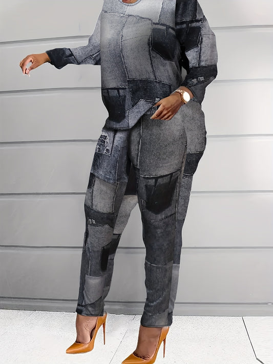 Women's Plus Denim Print Distressed Top & Pants Set