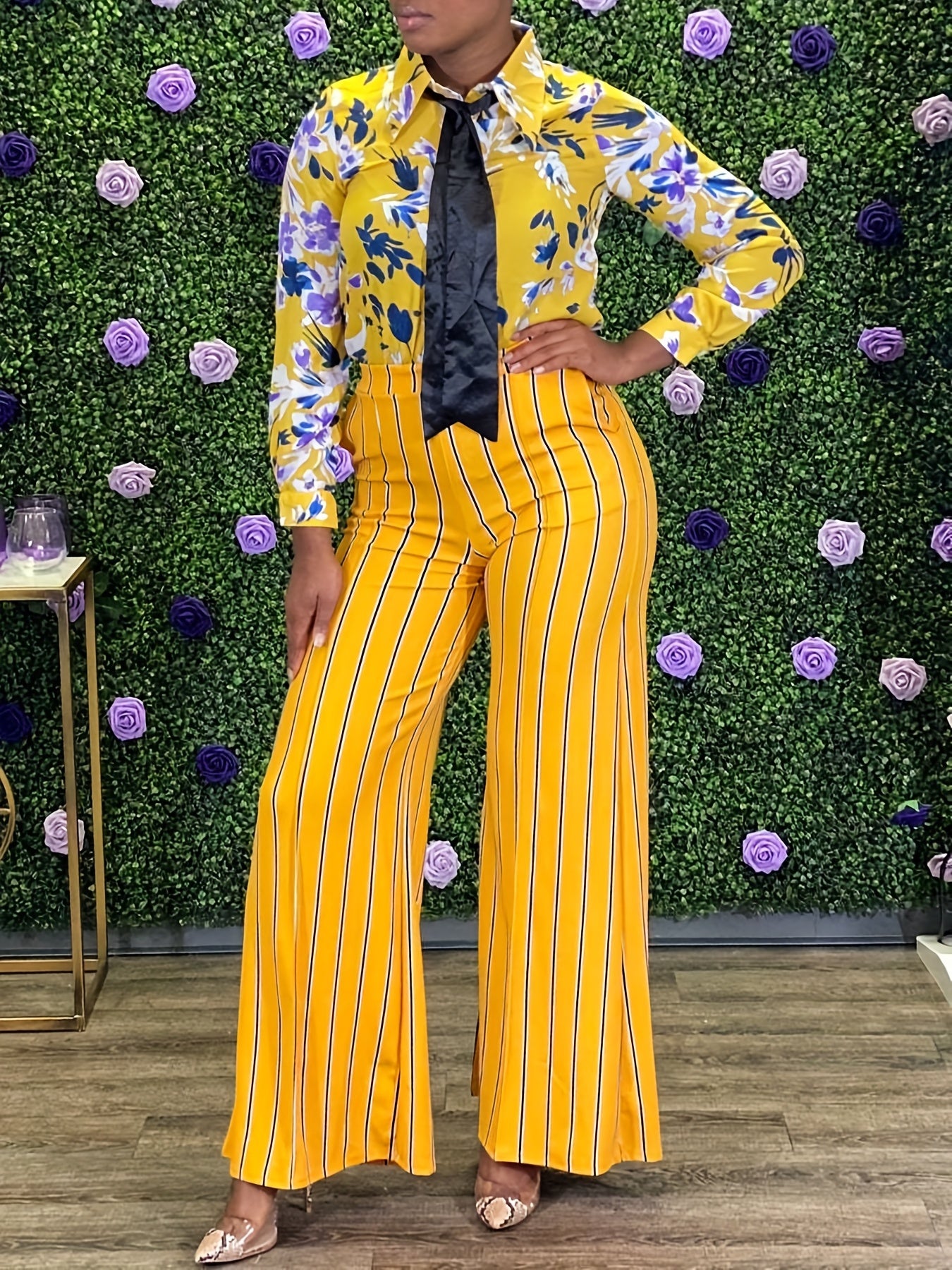Women's Plus Stripe Print Flared Leg Trousers