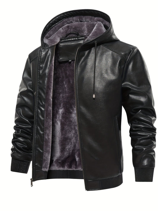 Men's PU Leather Hooded Jacket Windproof Waterproof Thick