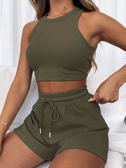 2pcs Waffle Casual Sports Sets Crew Neck Crop Top & Drawstring