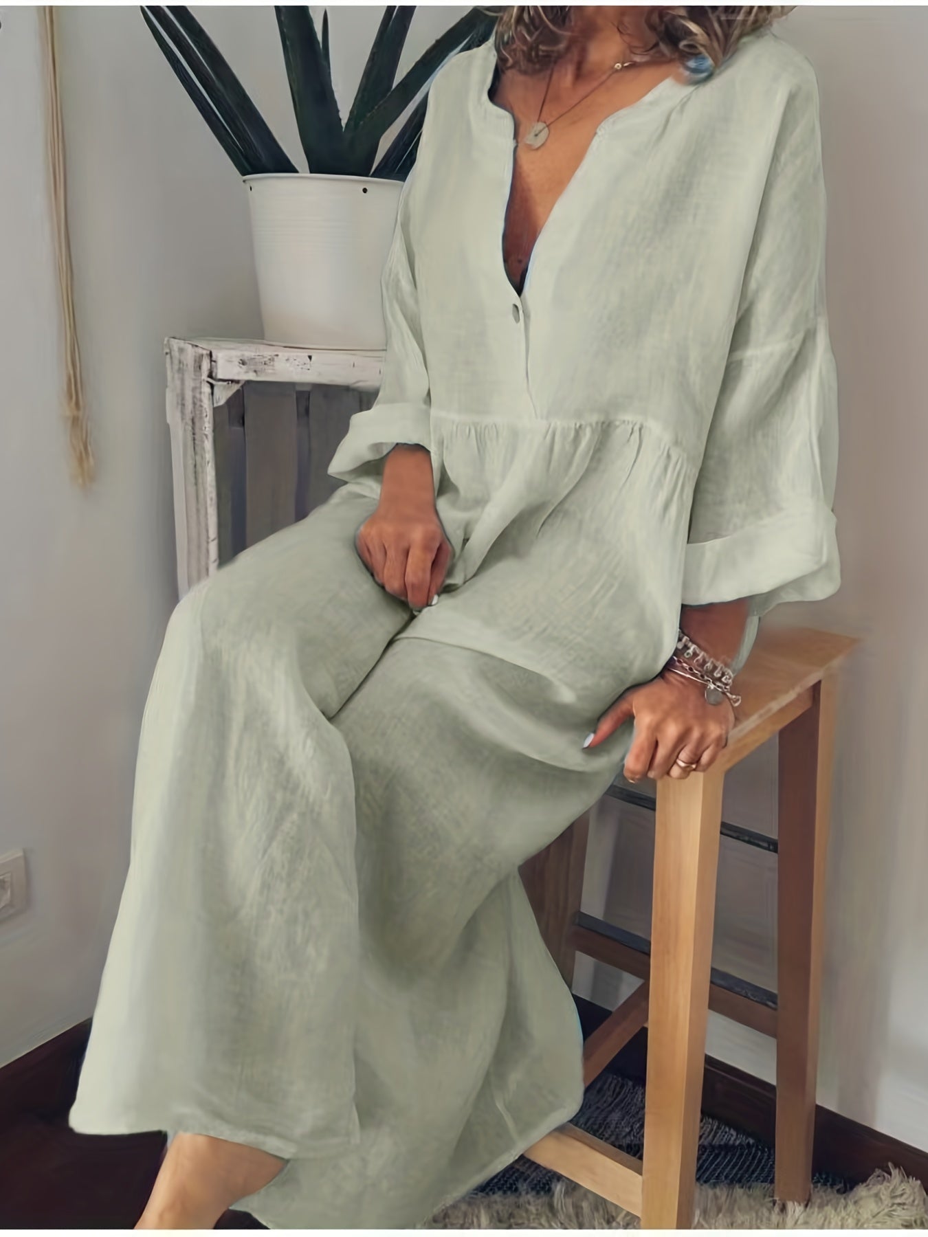  Solid Long Sleeve V Neck Maxi Dress