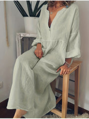  Solid Long Sleeve V Neck Maxi Dress