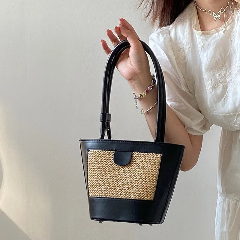 Niche Straw Bucket Bag Female Portable Retro Handbag