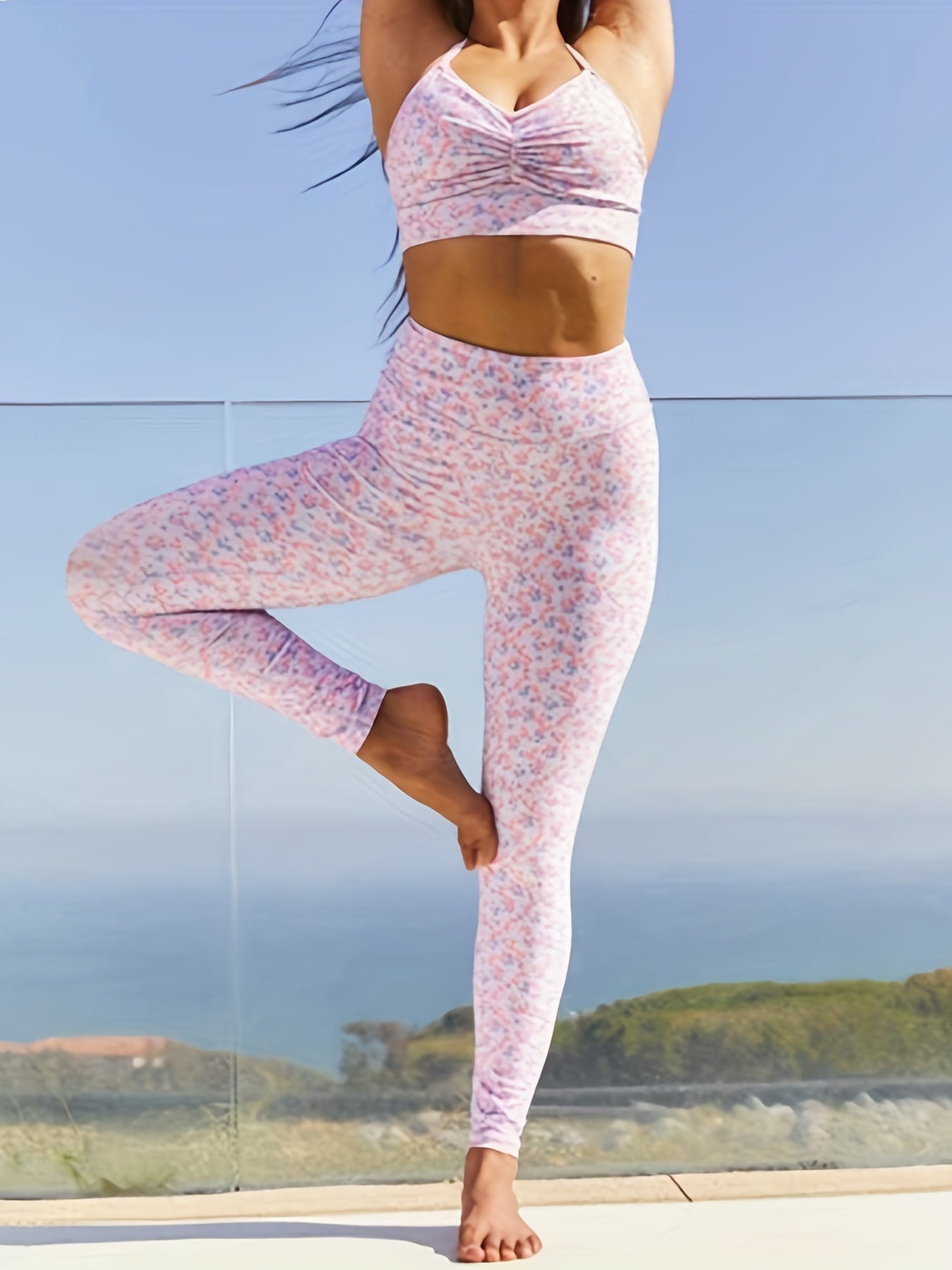  Floral Print Ruched Bra & Yoga Leggings Set