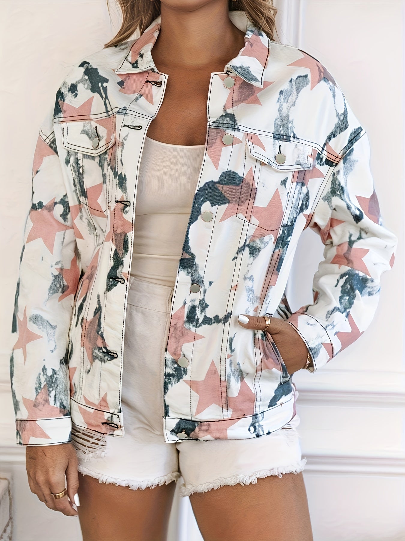 Women's Plus Star Print Denim Jacket