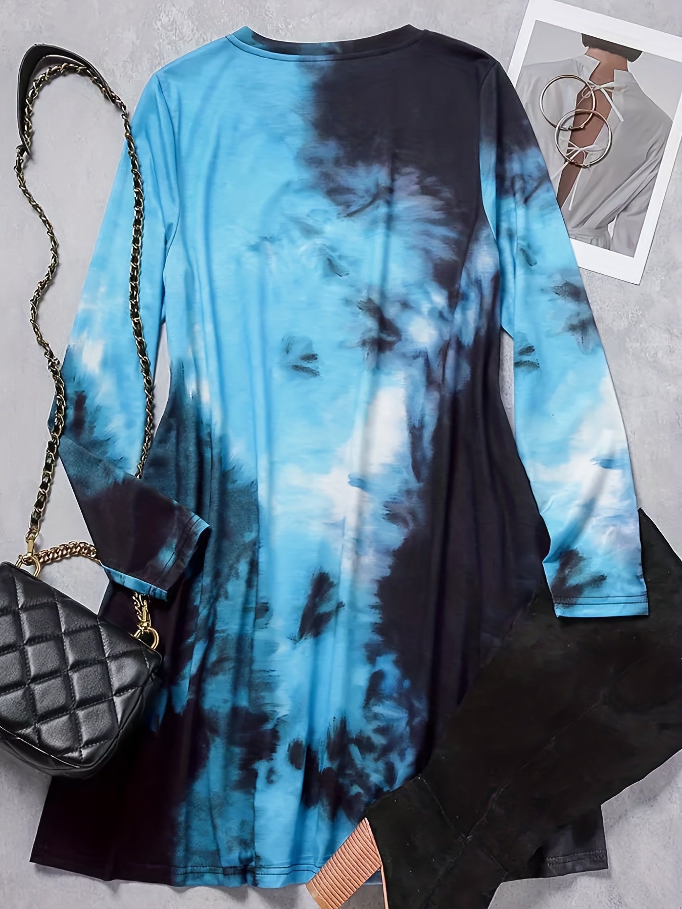 Women's Plus Tie Dye Long Sleeve V Neck Dress With Pockets