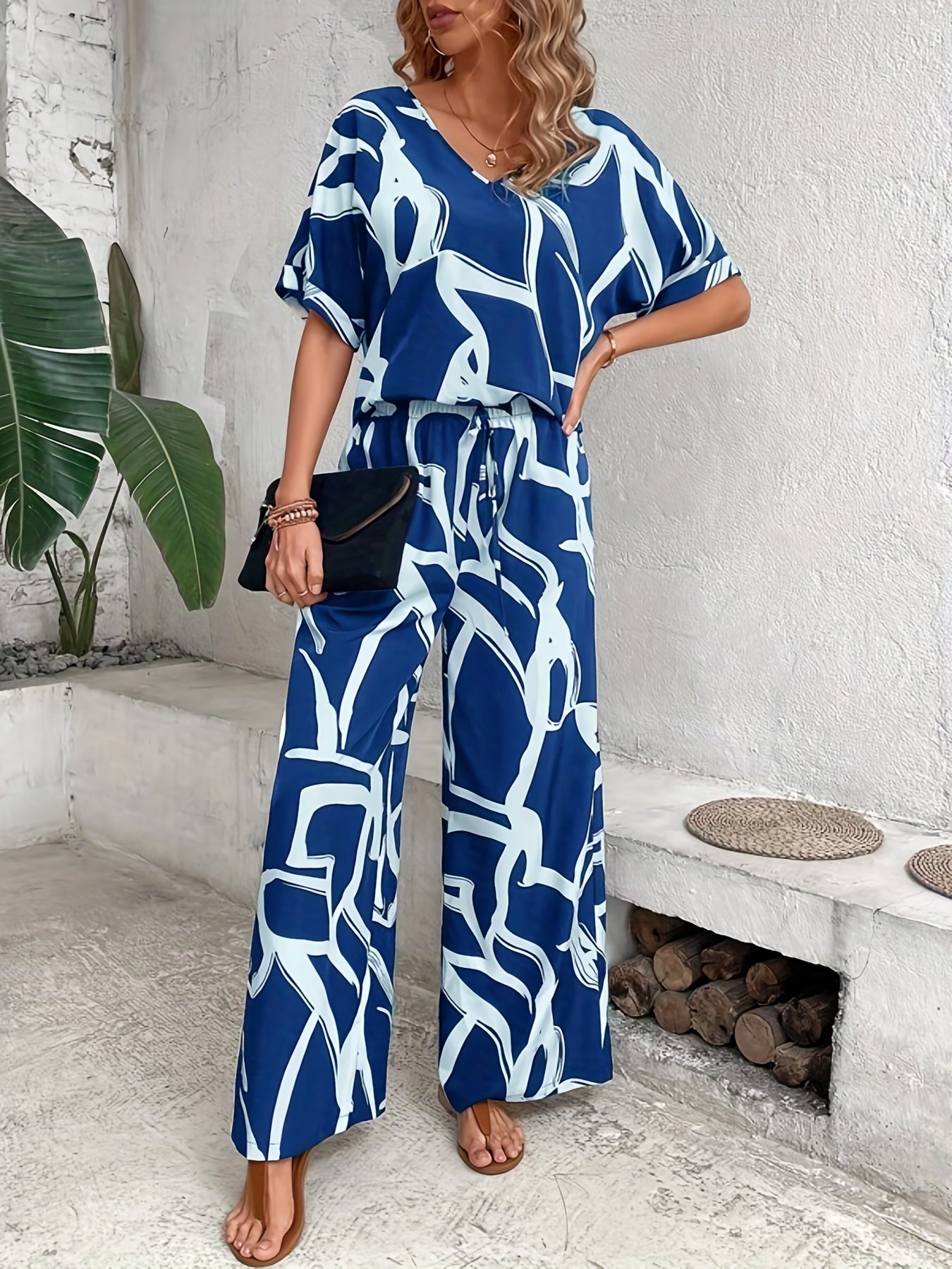 Abstract Print 2pc Set V Neck Half Sleeve Tops & Wide Leg Pants