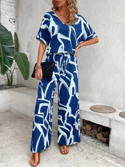 Abstract Print 2pc Set V Neck Half Sleeve Tops & Wide Leg Pants