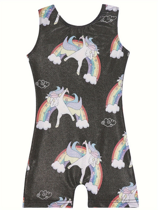 Unicorn & Rainbow Graphic Sleeveless Gymnastics Romper Jumpsuit