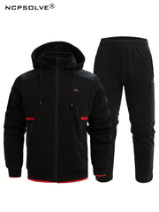 Men's Thick Sports Suit with Hooded Jacket & Stretchy Pants