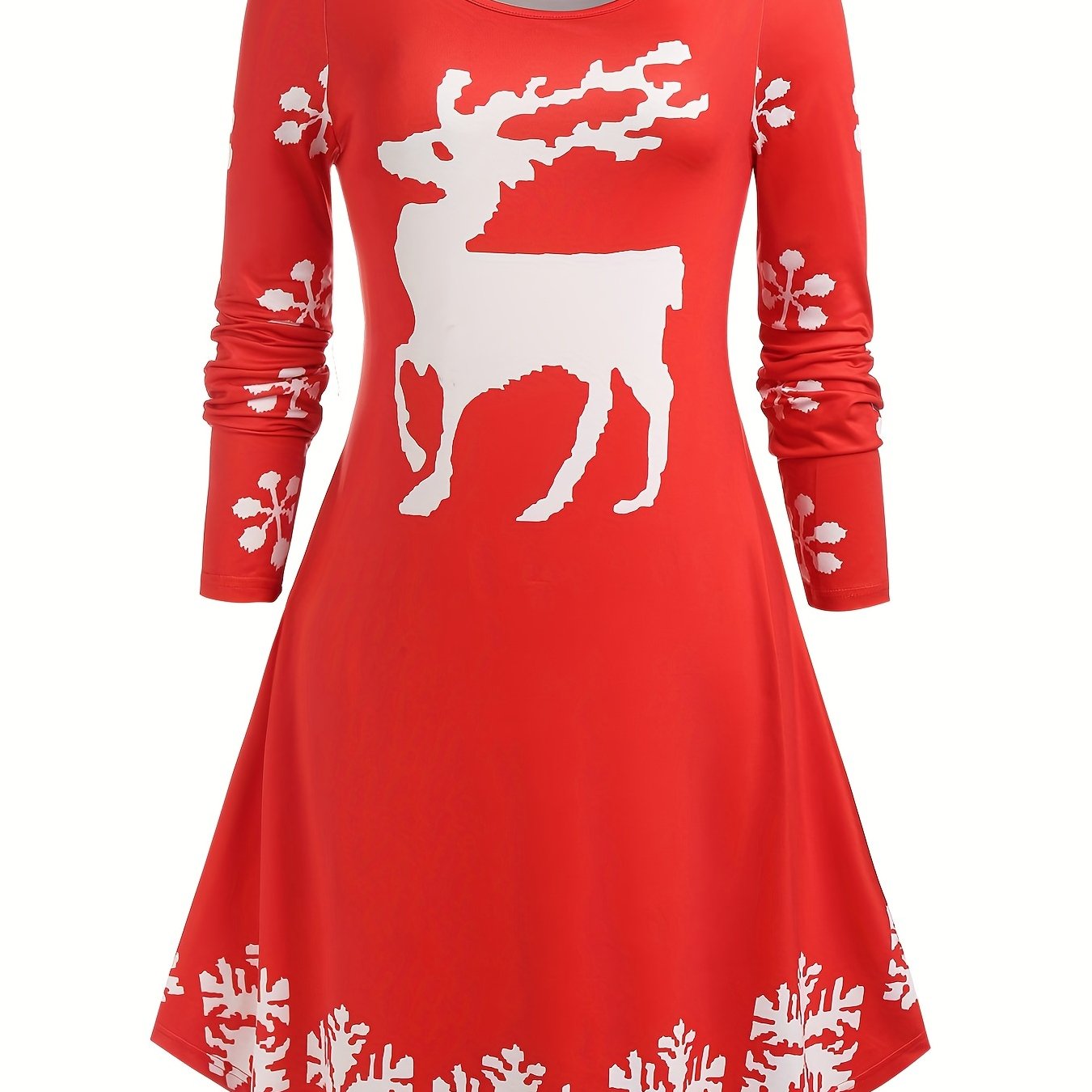  Christmas Casual Dress Women's Plus Deer & Snow Print Long Sleeve Swee