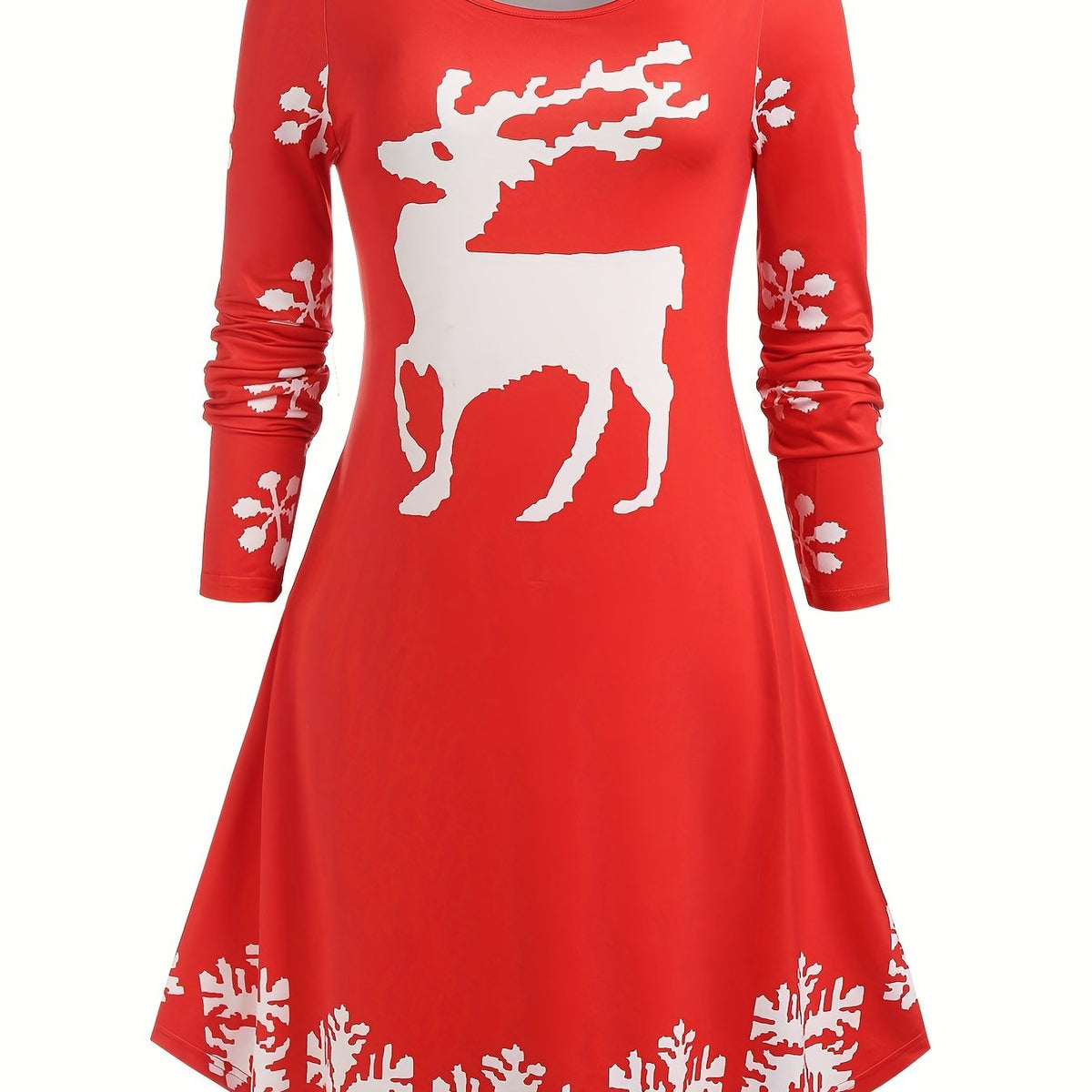  Christmas Casual Dress Women's Plus Deer & Snow Print Long Sleeve Swee