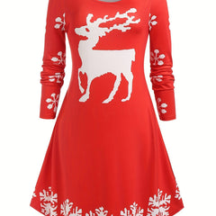  Christmas Casual Dress Women's Plus Deer & Snow Print Long Sleeve Swee
