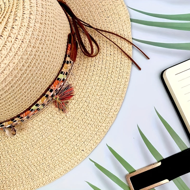 Men's Paper Straw Hat Elegant Flat Brim Sun Hat Beach Jazz Hat
