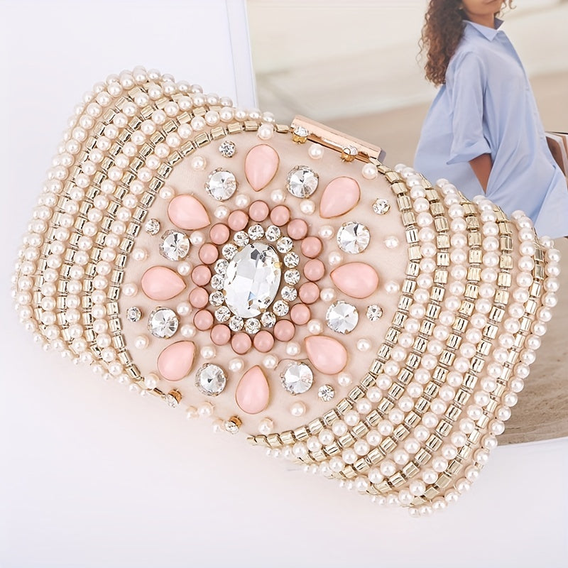 Rhinestone Evening Bag Faux Pearl Clutch Purse for Party