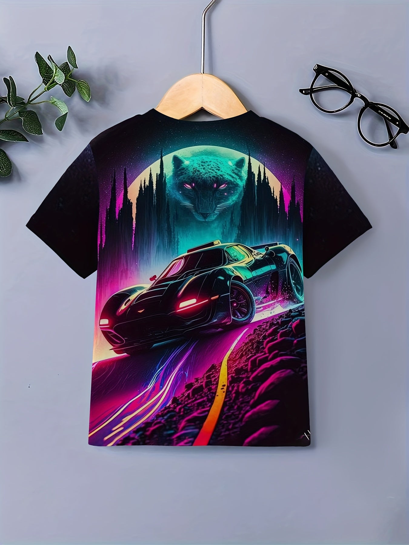 Car And Leopard 3D Print Boy's Round Neck Casual Short Sleeve T shirt