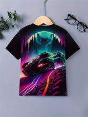 Car And Leopard 3D Print Boy's Round Neck Casual Short Sleeve T shirt