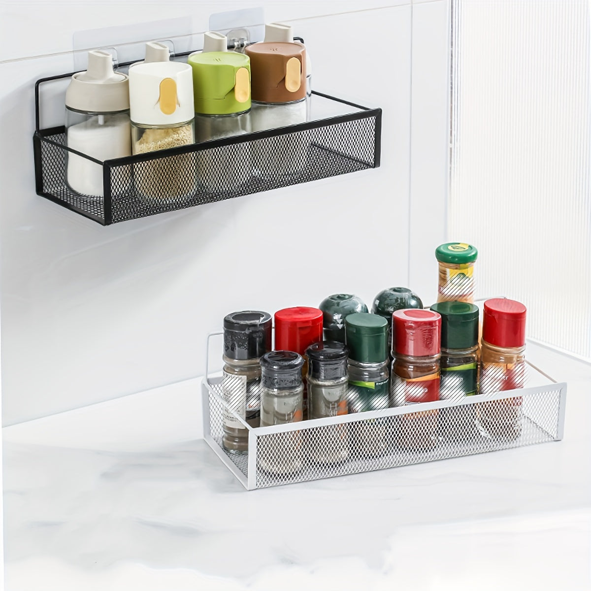 Wall-mounted Grid Storage Rack for Kitchen Supplies & Spices