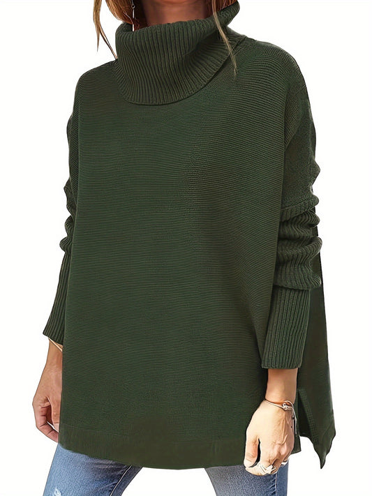  Solid Batwing Sleeve High Neck Sweater