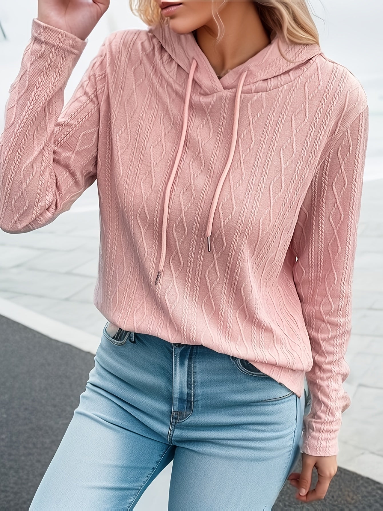  Casual Sweater Women's Plus Textured Long Sleeve Drawstring Slight Str