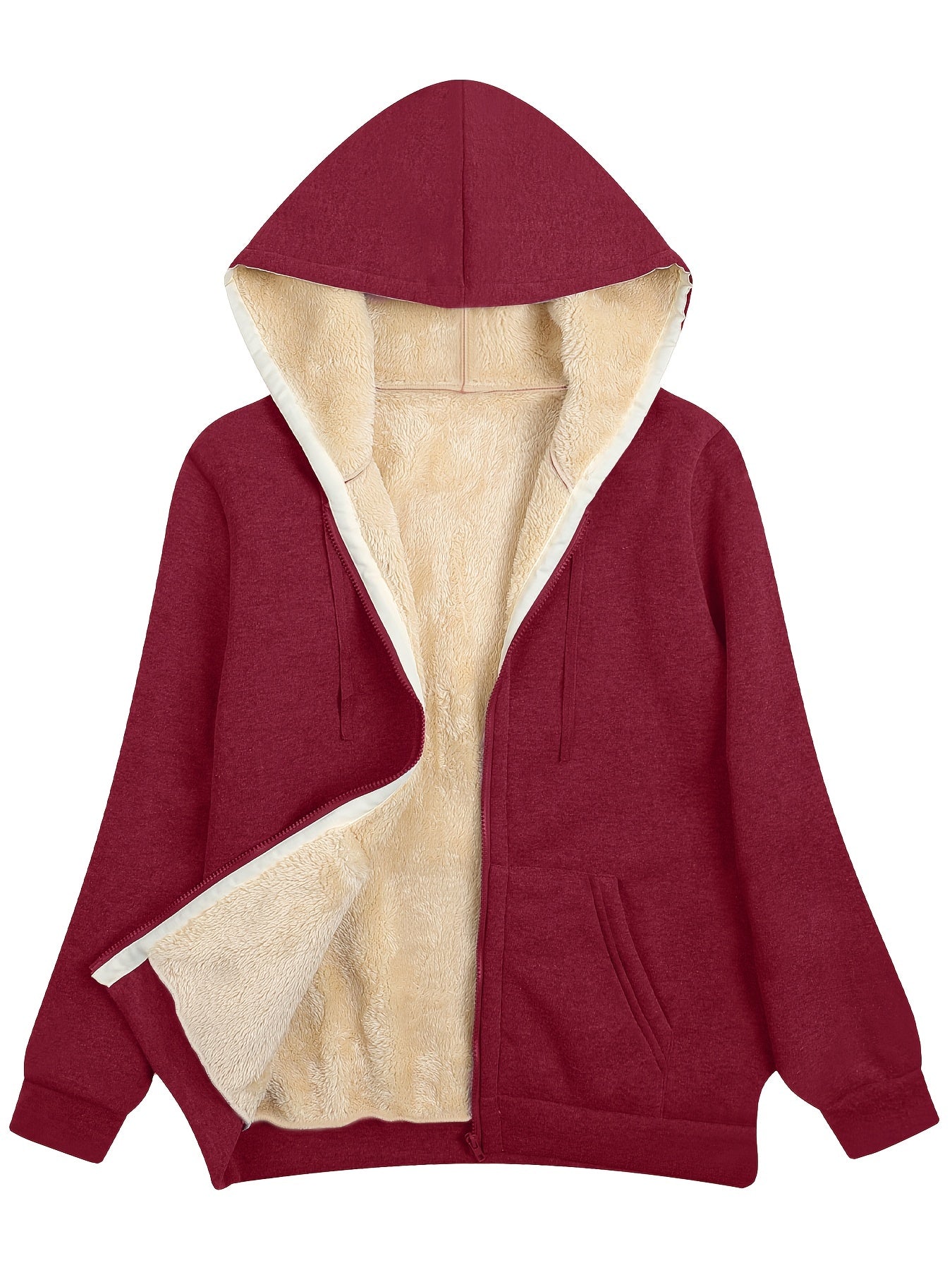 Fuzzy Hooded Jacket Casual Zip Up Drawstring Long Sleeve Solid Outerwear