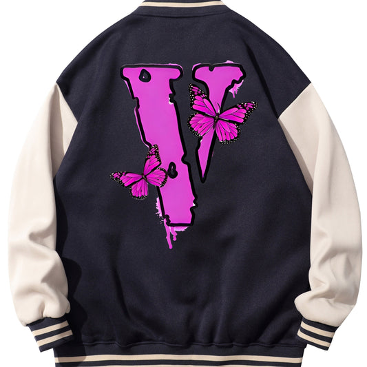 Butterfly Pattern Varsity Jacket Men's Block Button Up Jacket
