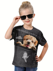 Kids 3D Dog Graphic Tee Breathable Summer Pullover Sports Top