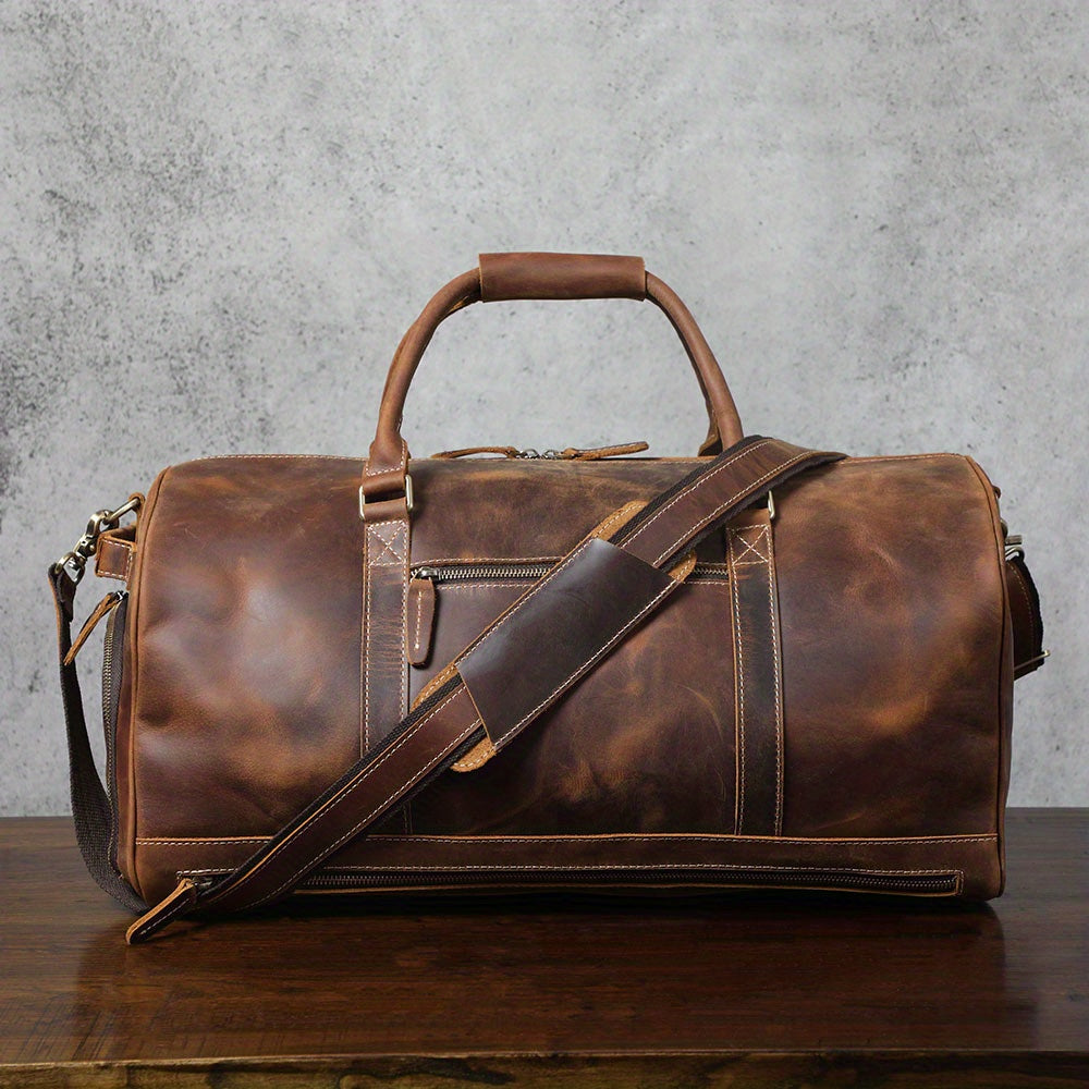 Large Capacity Leather Travel Duffel Bag Crazy Horse Leather Weekender For Men