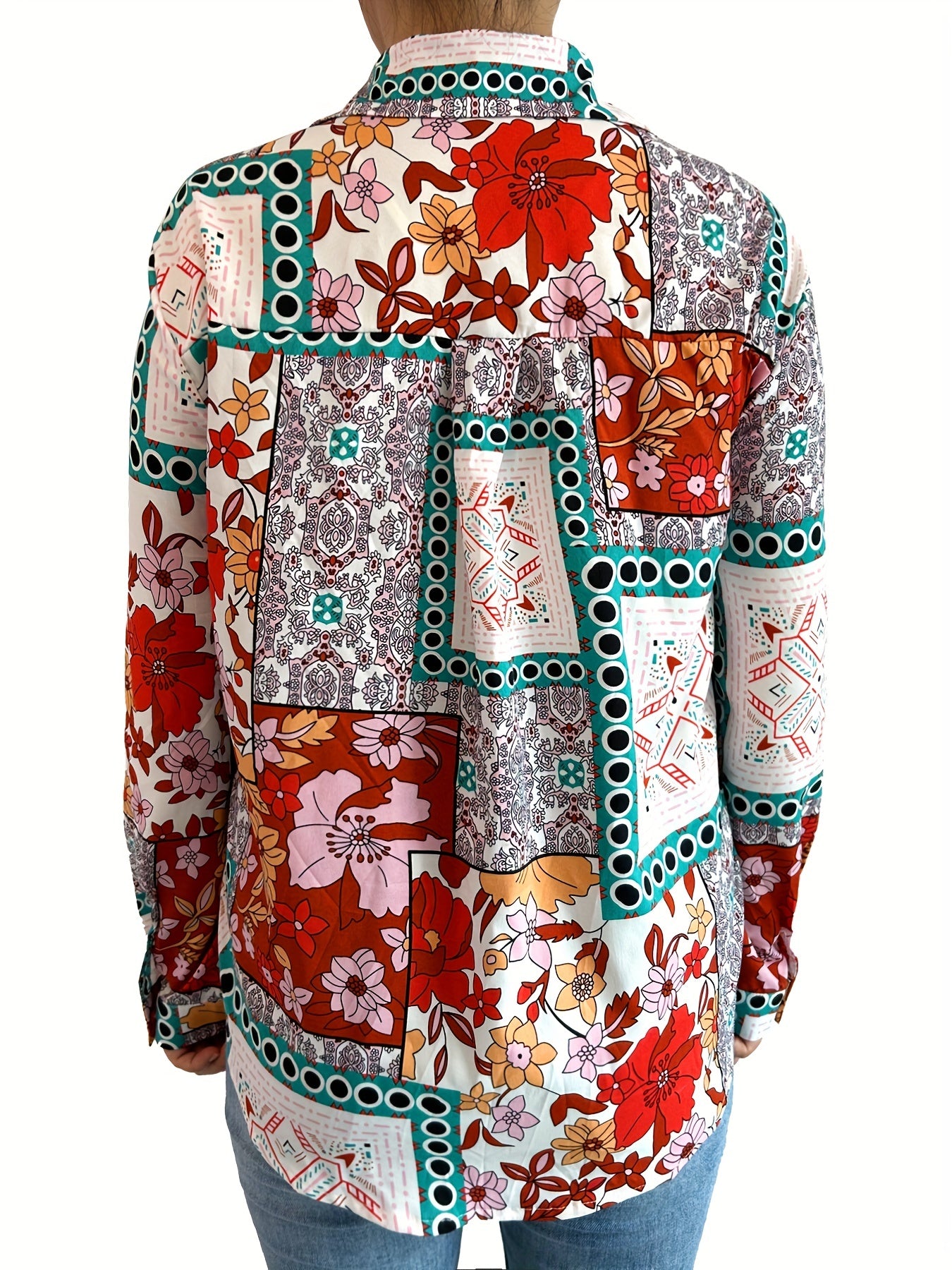  Casual Blouse Women's Plus Scarf & Floral Print Button Up