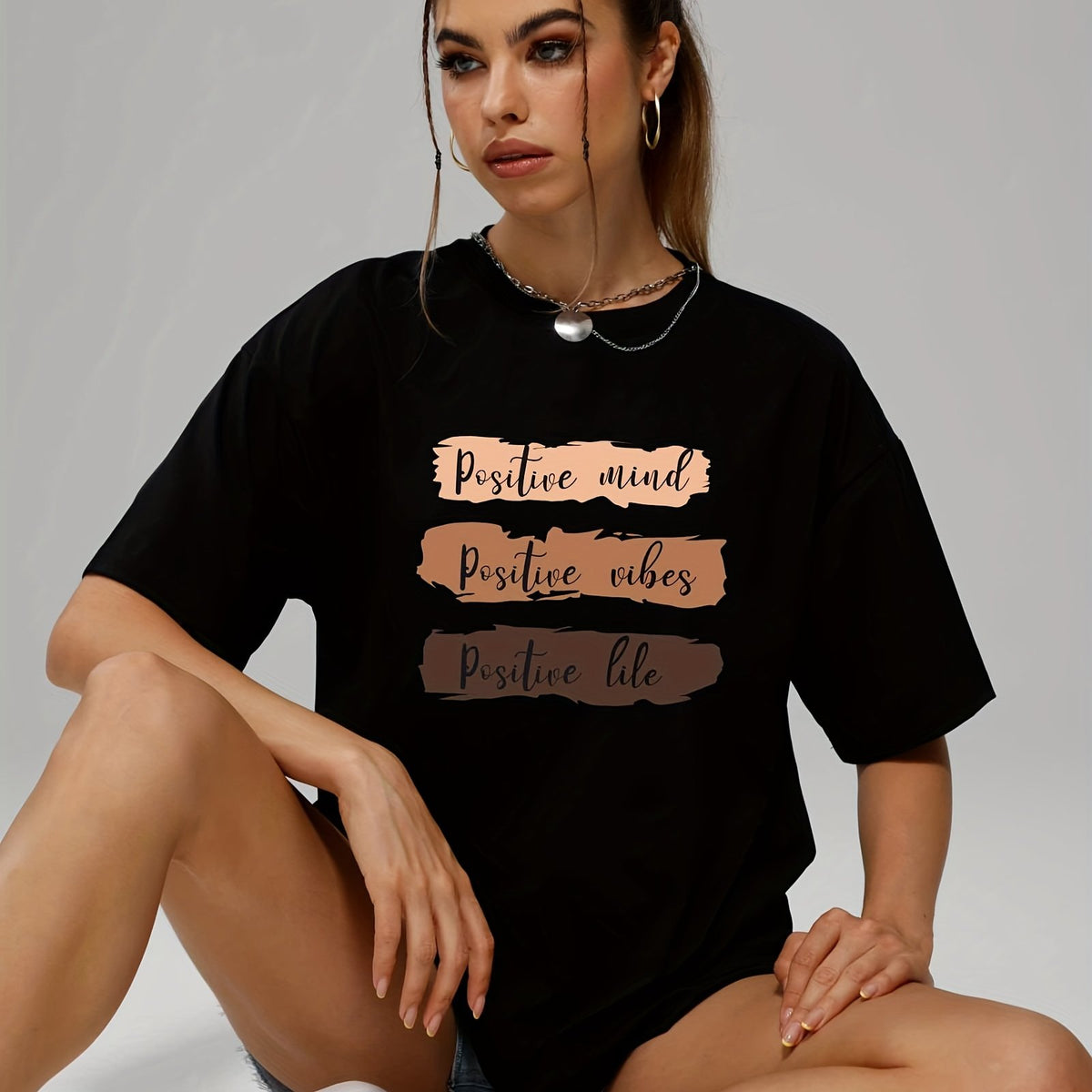 Positive Mind Letter Print T-shirt Loose Crew Neck Sports Tee