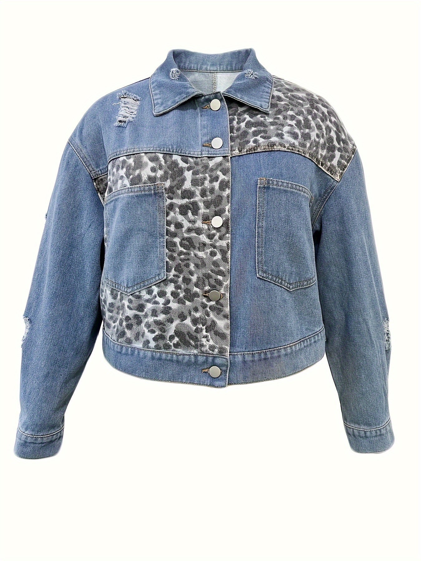  Colorblock Leopard Print Denim Jacket