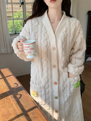 Floral Decor Fuzzy Night Robe Long Sleeve V Neck Buttons Robe With Pockets