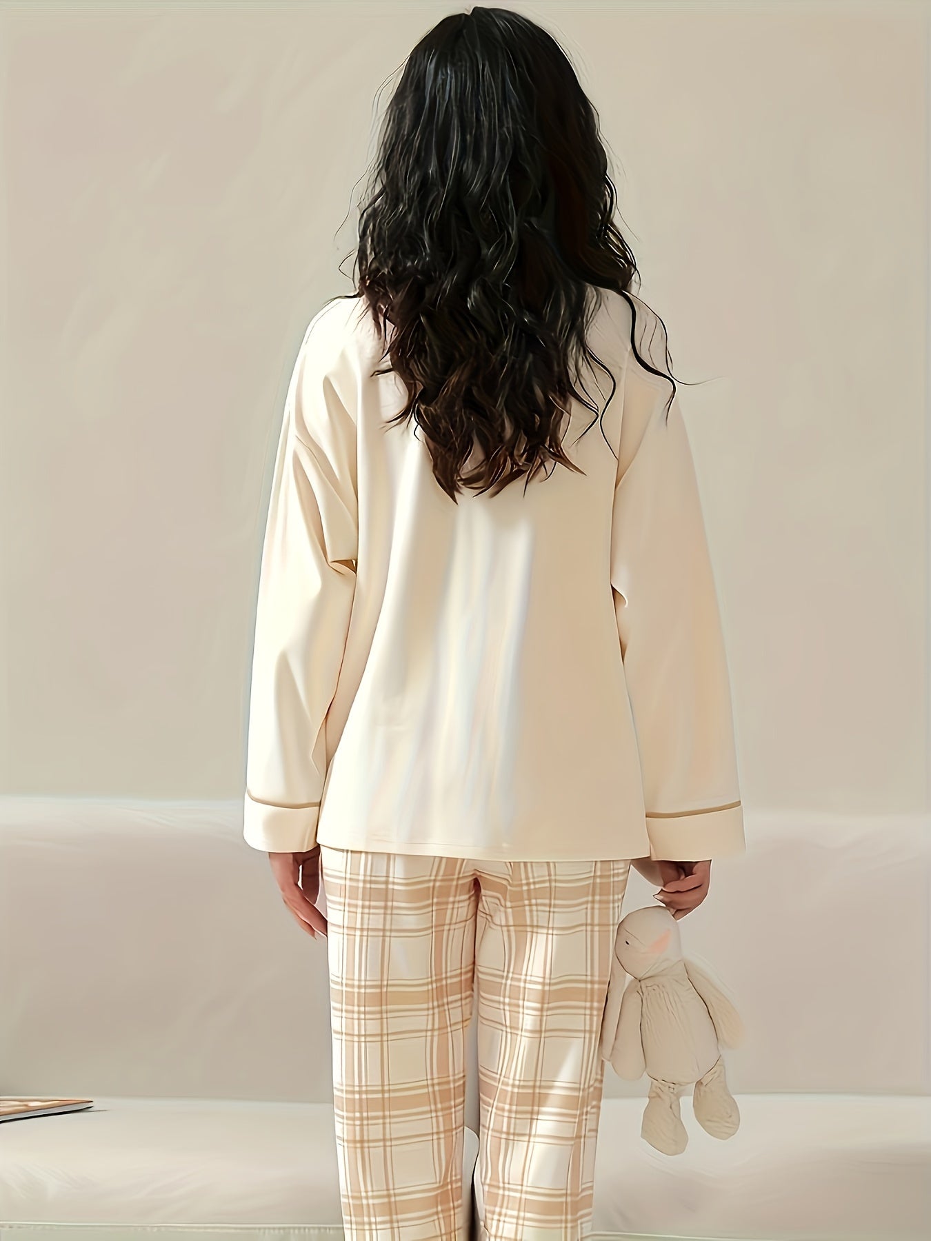 Cartoon Animal Print Pajama Set Long Sleeve Crew Neck Top & Plaid Pants