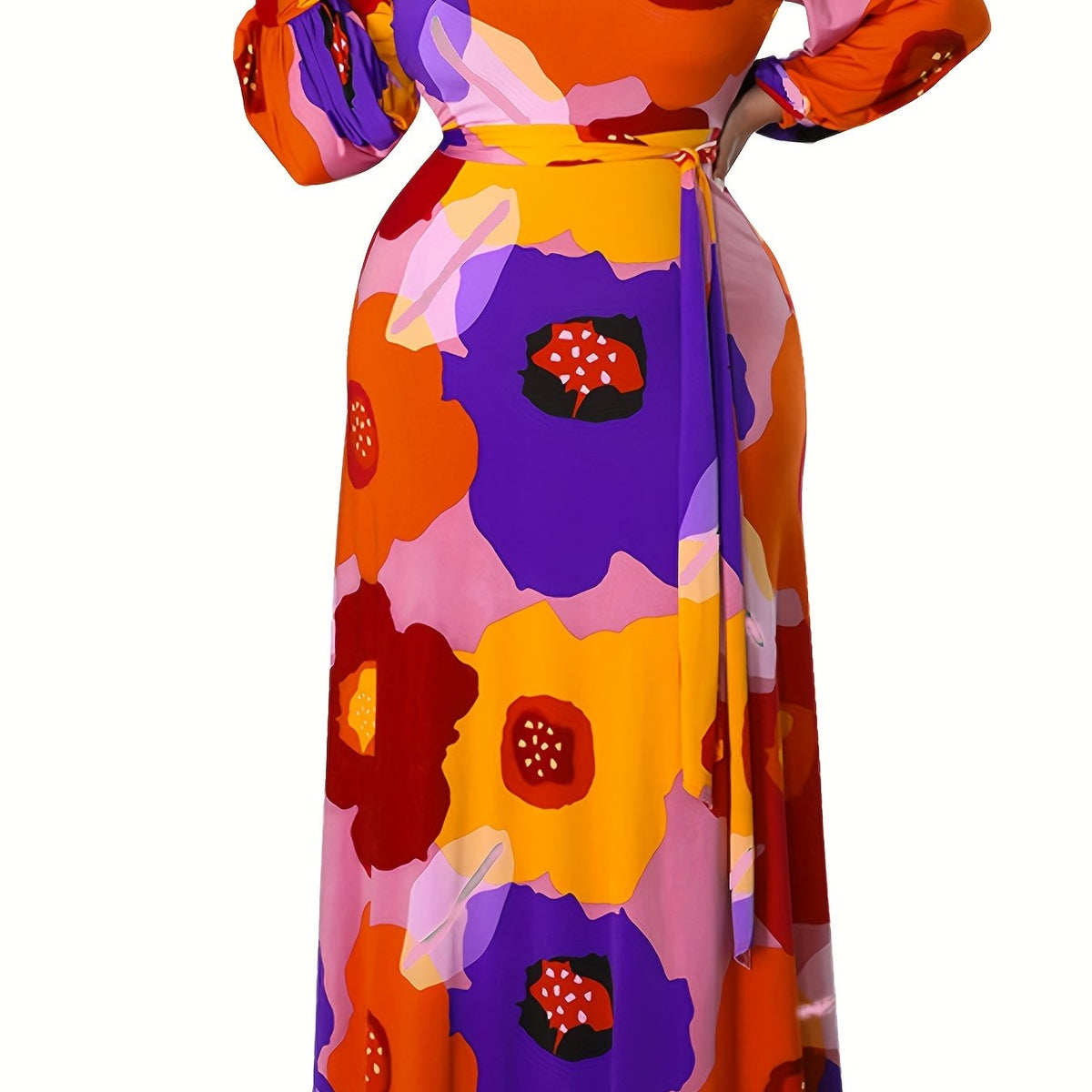 Floral Print Lantern Sleeve Maxi Dress With Belt
