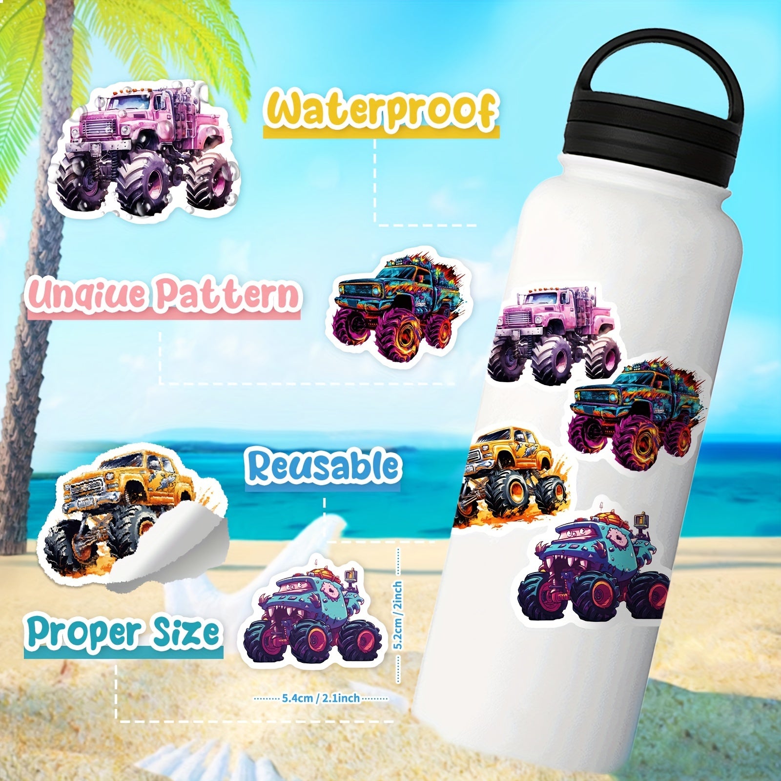 50pcs Monster Truck Stickers Waterproof for Water Bottles Skateboard Car Bike