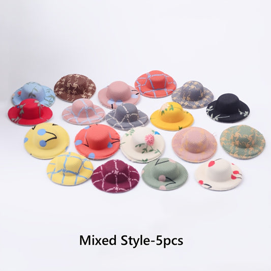 5pcs Vintage Printed Hat Set Doll House Decorations Mini Felt Sun Hat