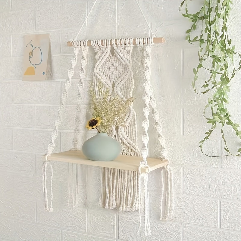 Boho Macrame Wall Shelf Wooden Hanging Storage Rack with Rope