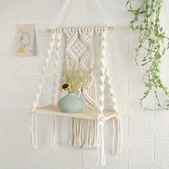 Boho Macrame Wall Shelf Wooden Hanging Storage Rack with Rope