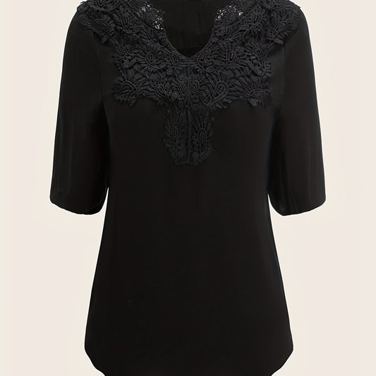  Casual Blouse Women's Plus Solid Contrast Lace Half Sleeve Top