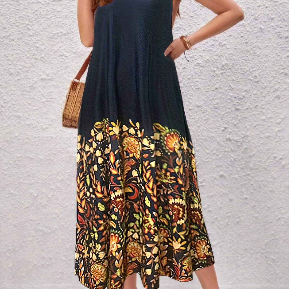  Colorblock Floral Print Tank Maxi Dress